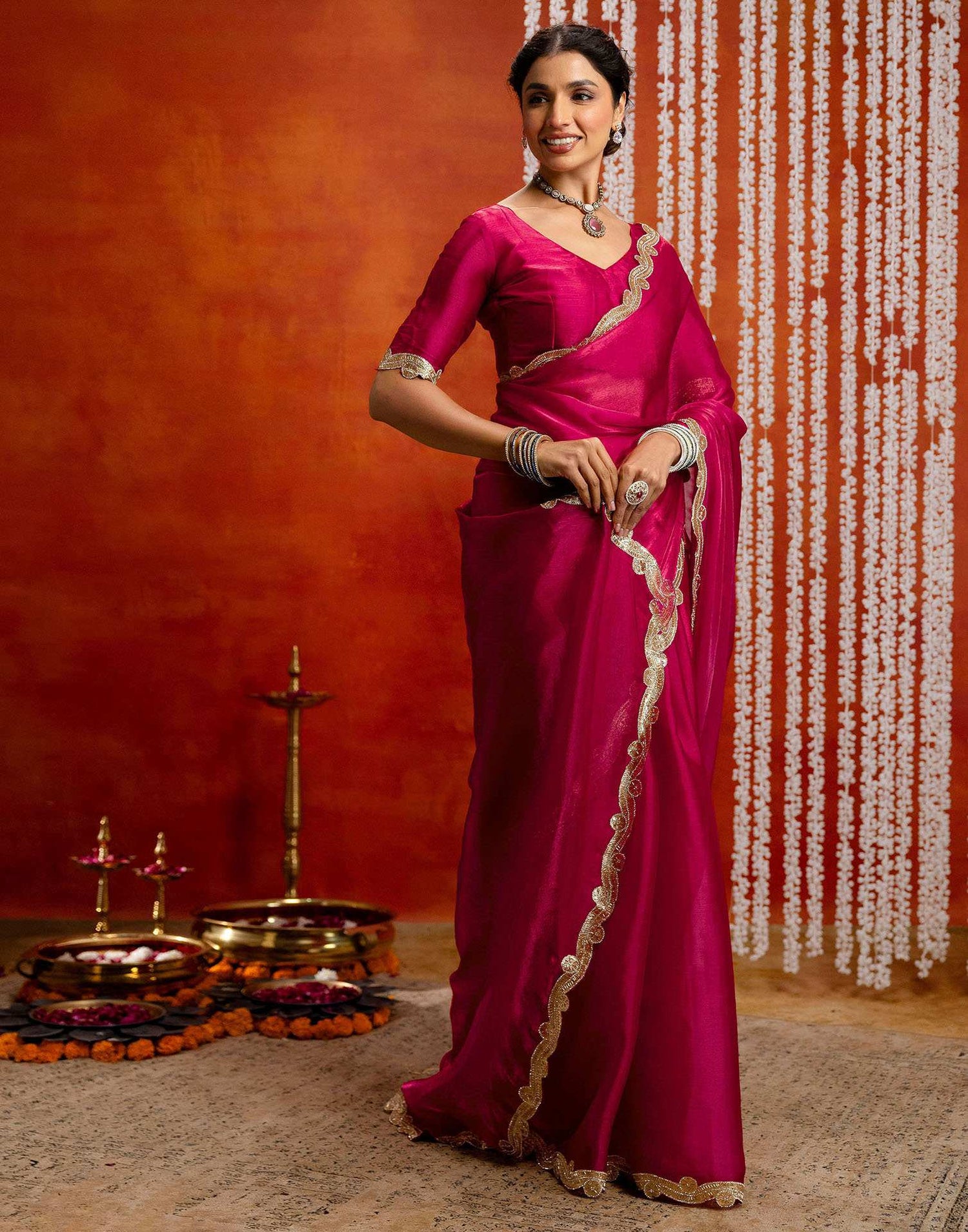 Dark Pink Shimmer Embellished Lace Saree