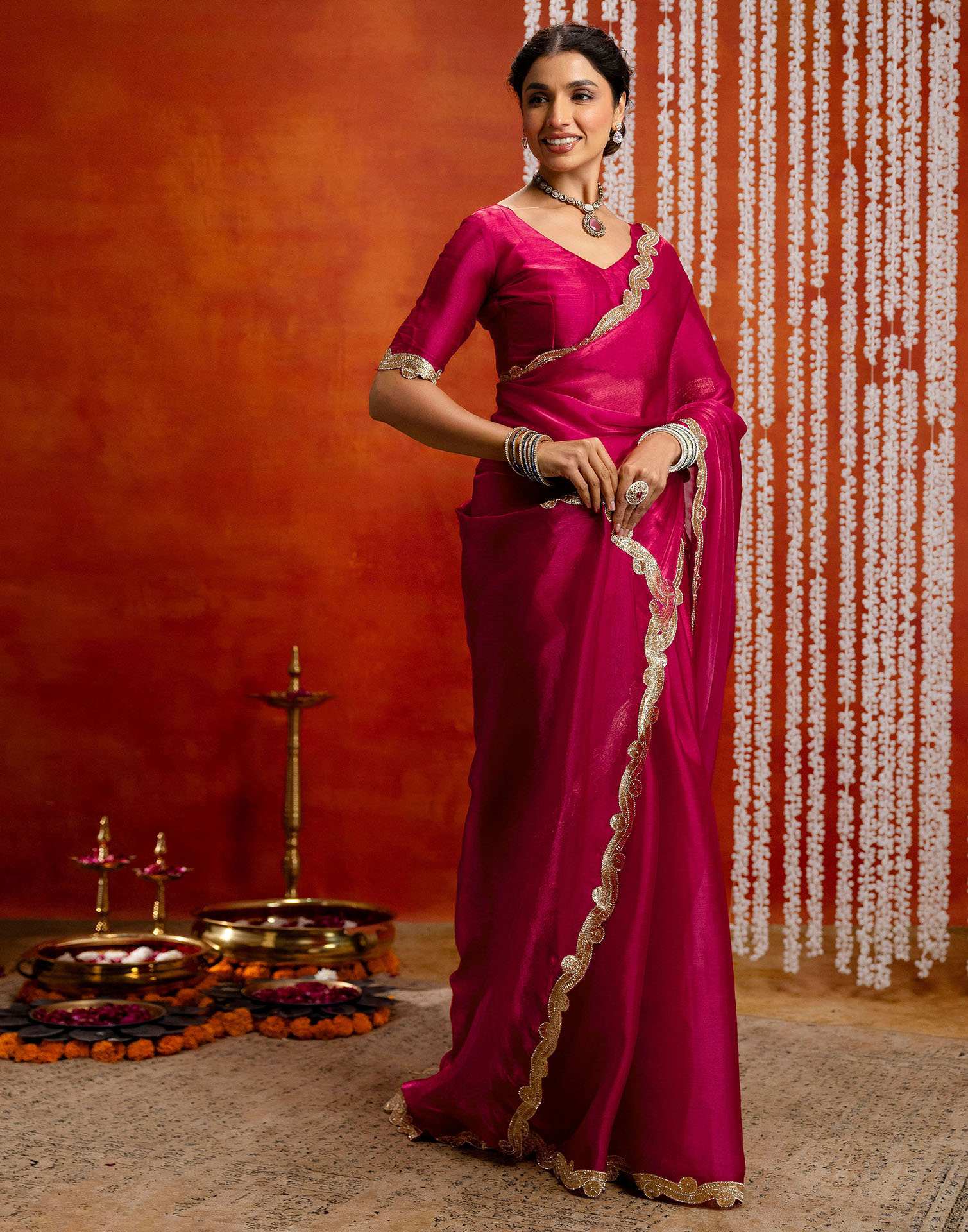 Dark Pink Shimmer Embellished Lace Saree