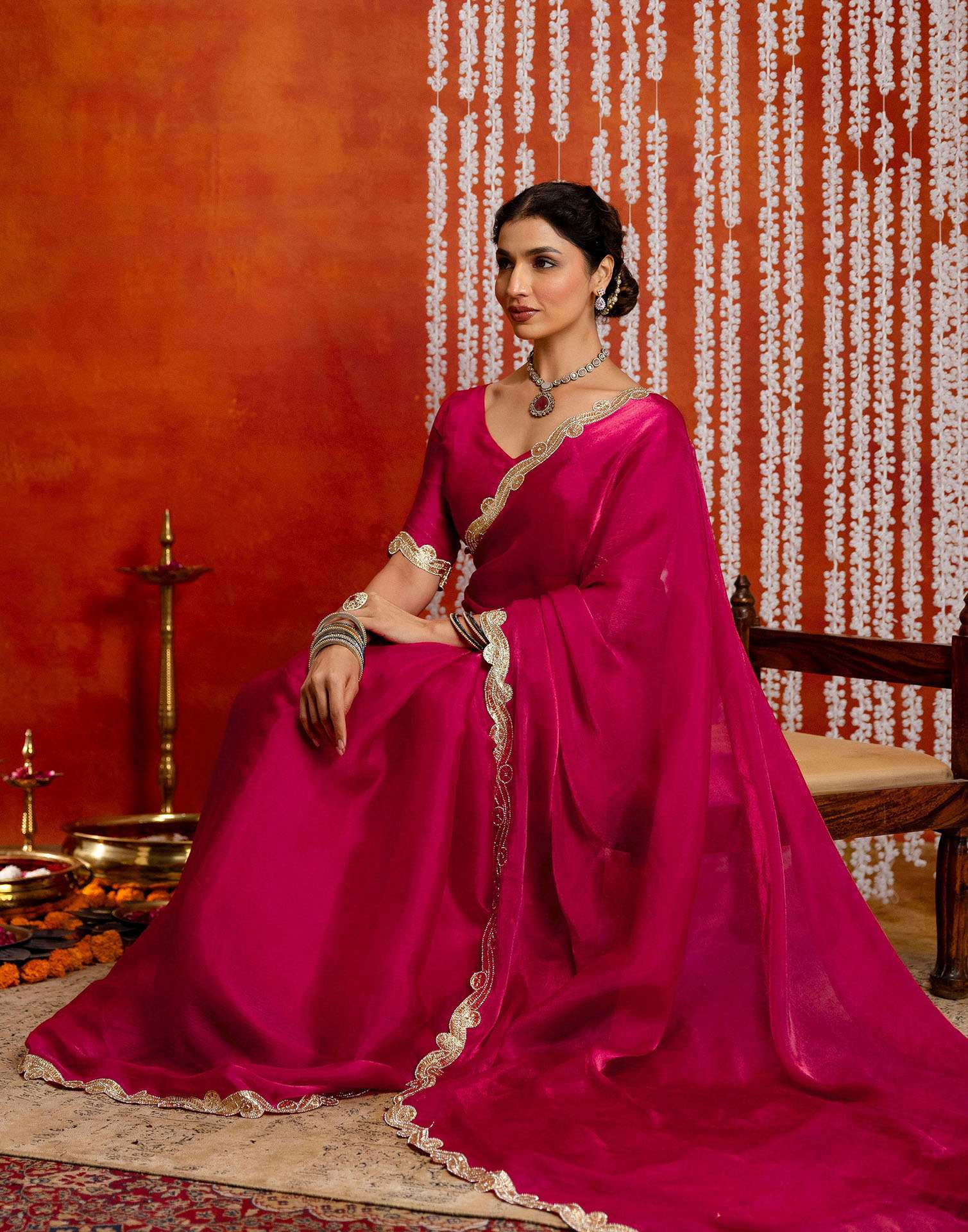 Dark Pink Shimmer Embellished Lace Saree
