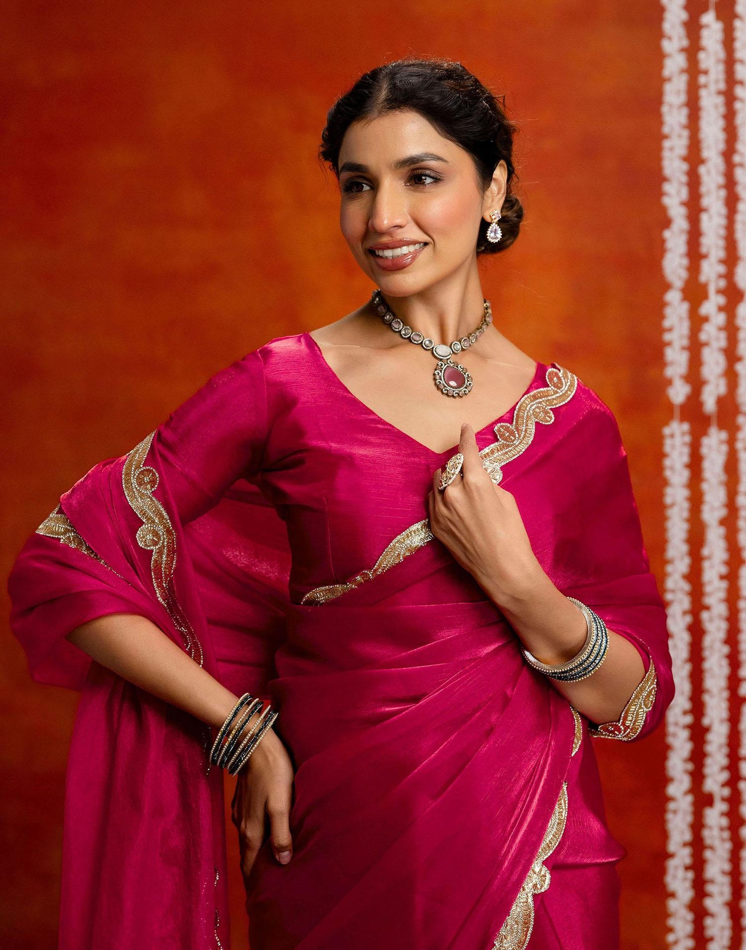 Dark Pink Shimmer Embellished Lace Saree