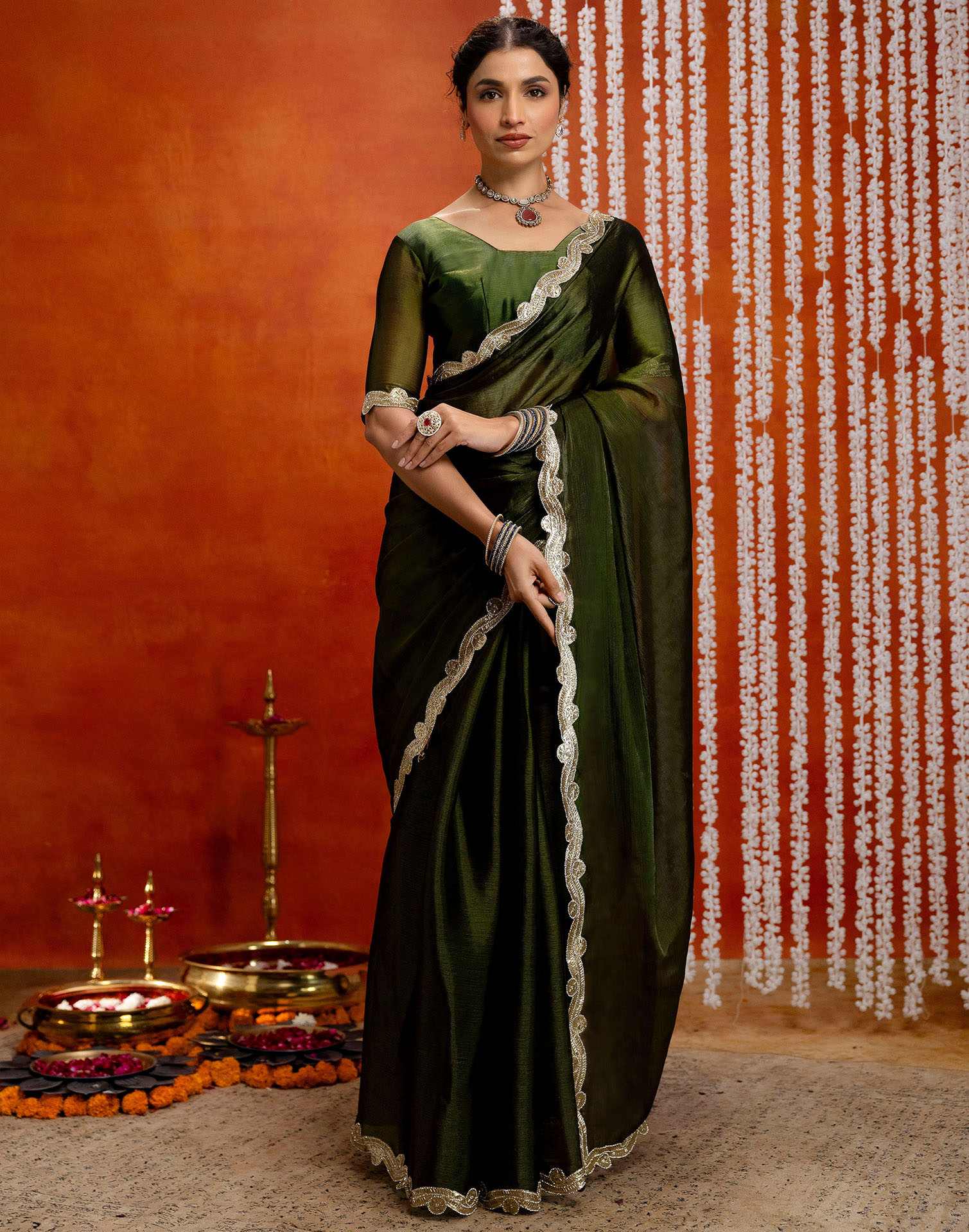 Olive Green Shimmer Embellished Lace Saree