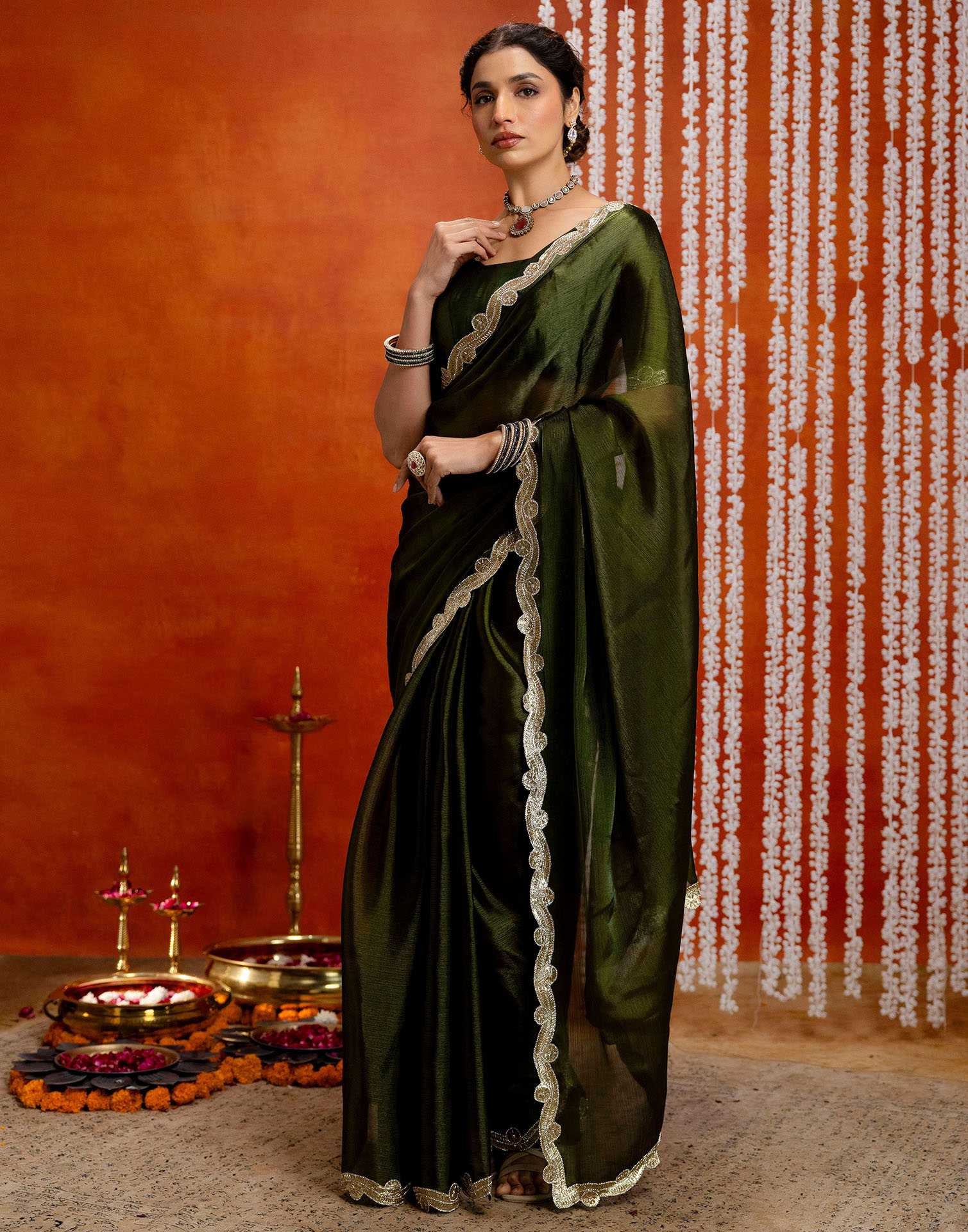 Olive Green Shimmer Embellished Lace Saree