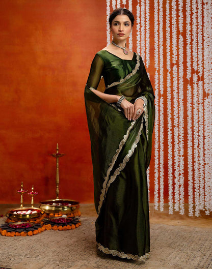 Olive Green Shimmer Embellished Lace Saree