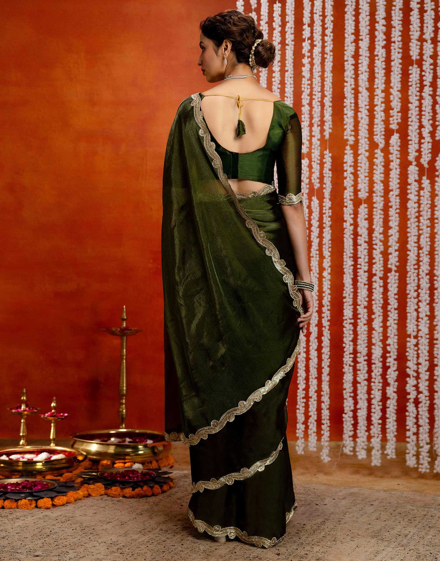 Olive Green Shimmer Embellished Lace Saree
