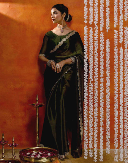 Olive Green Shimmer Embellished Lace Saree