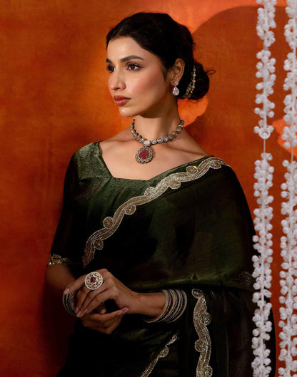 Olive Green Shimmer Embellished Lace Saree