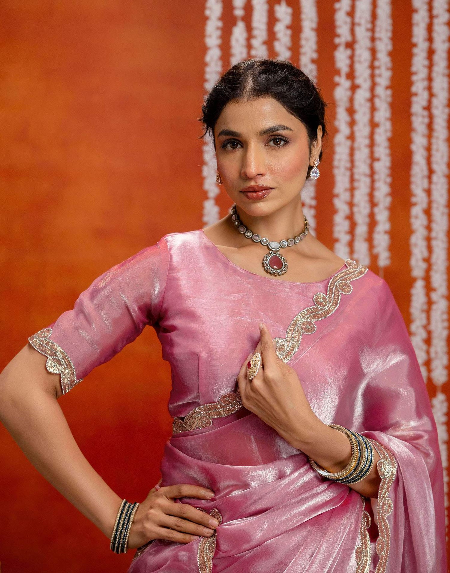 Baby Pink Shimmer Embellished Lace Saree