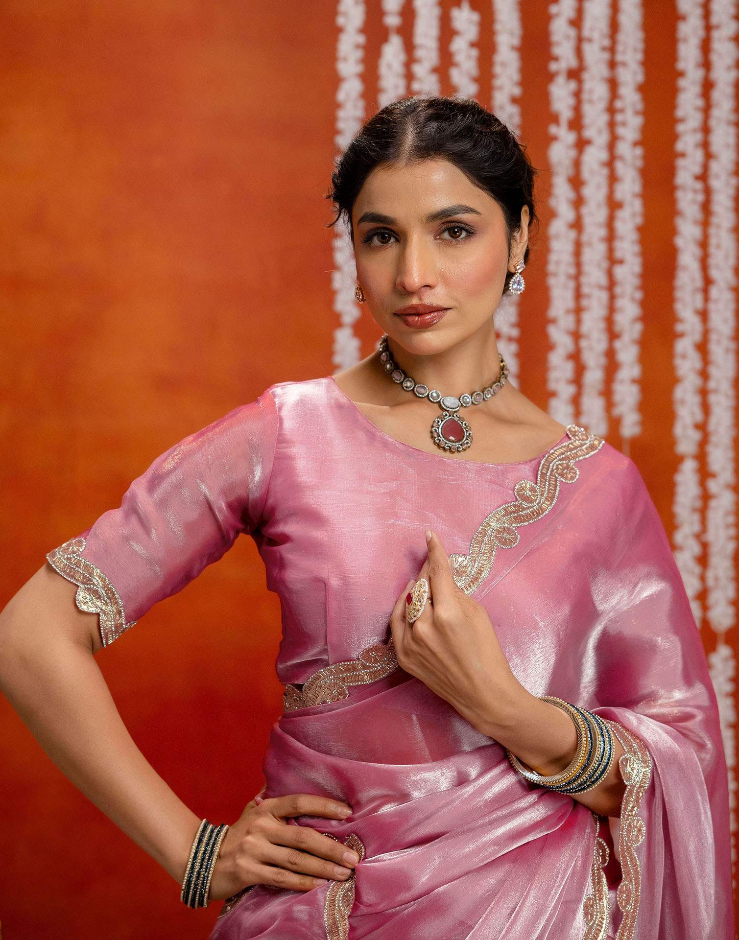 Baby Pink Shimmer Embellished Lace Saree