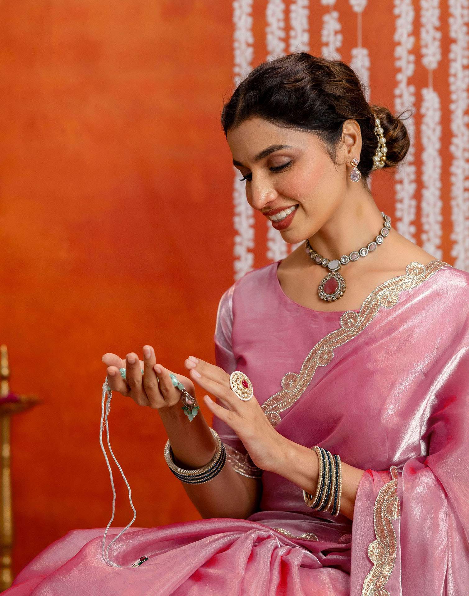 Baby Pink Shimmer Embellished Lace Saree