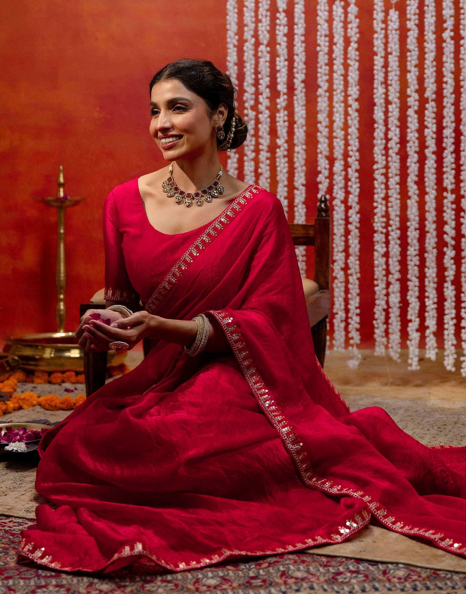 Red Shimmer Sequence Lace Saree