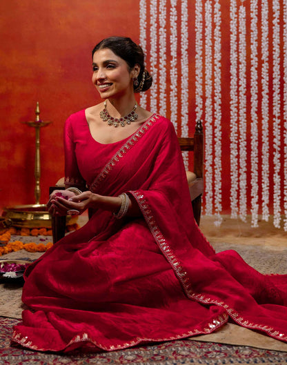 Red Shimmer Sequence Lace Saree