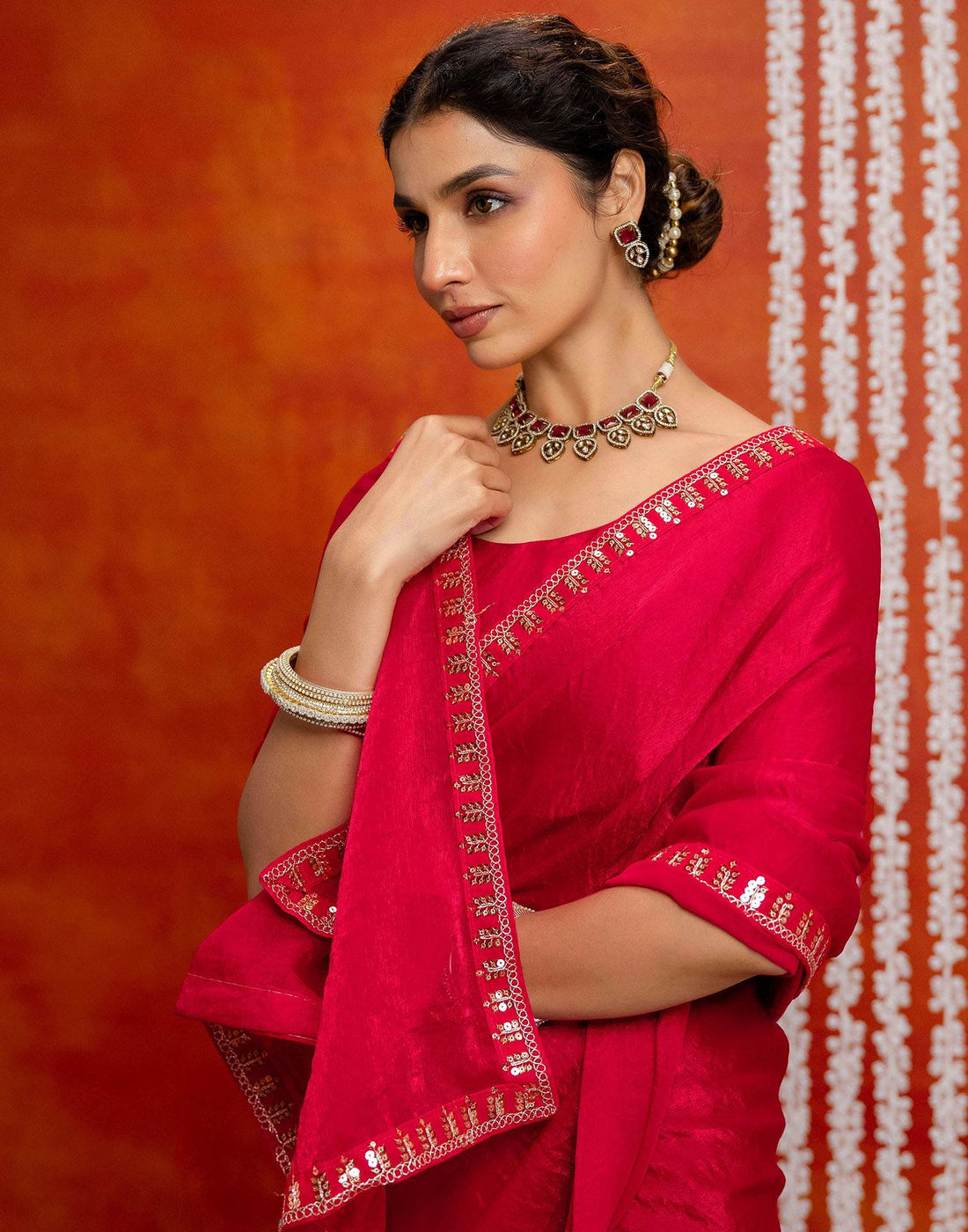 Red Shimmer Sequence Lace Saree