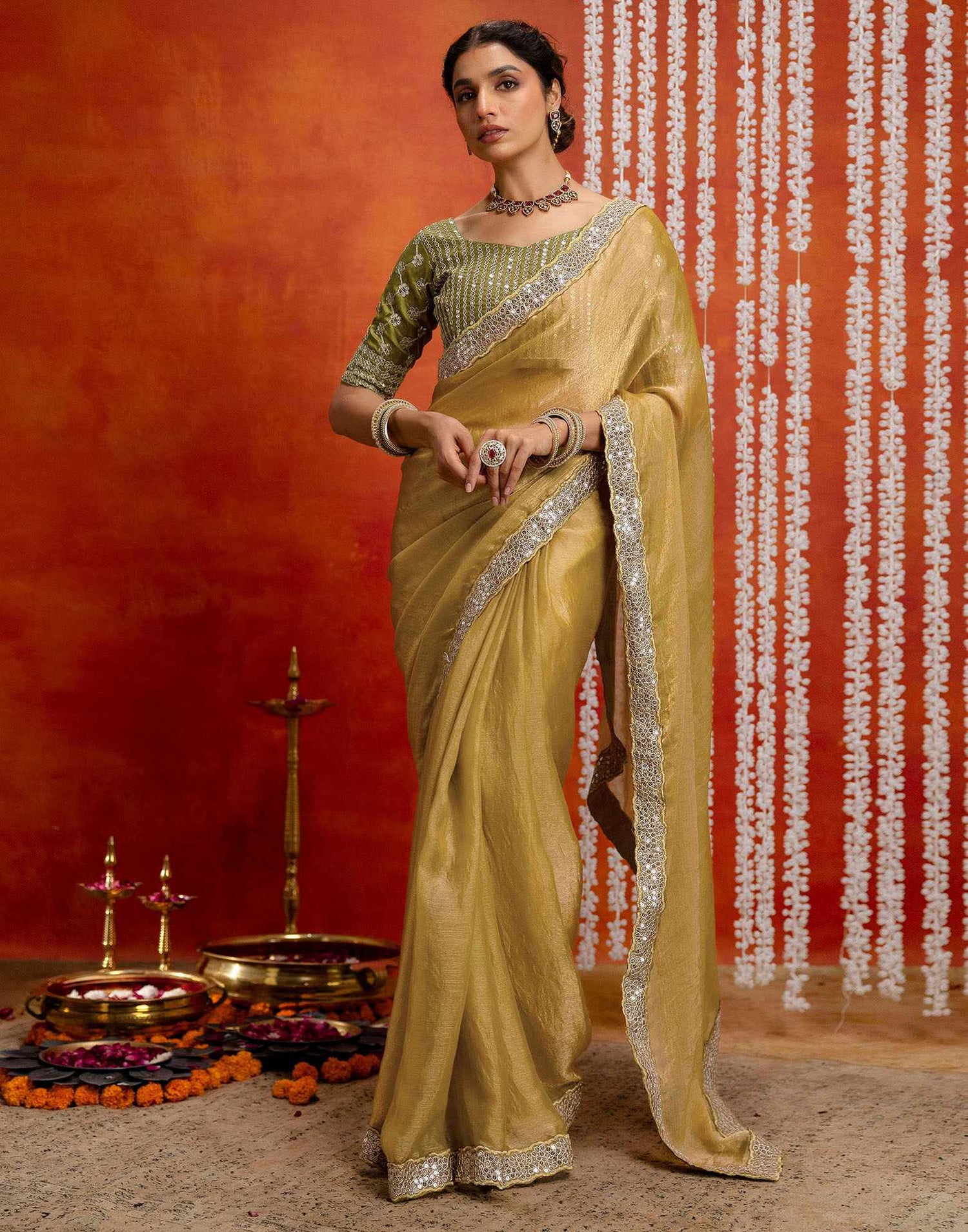Khaki Shimmer Sequence Lace Saree