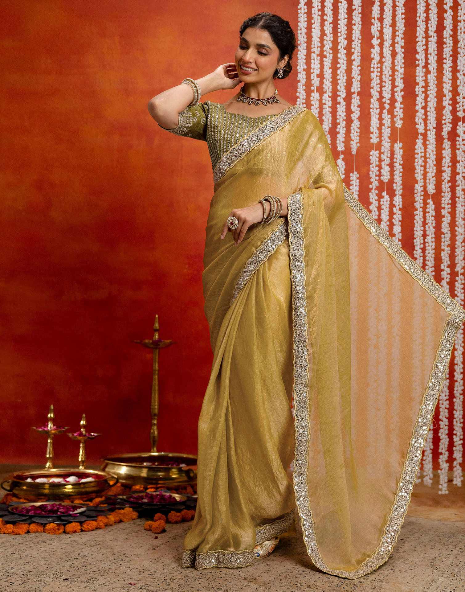 Khaki Shimmer Sequence Lace Saree