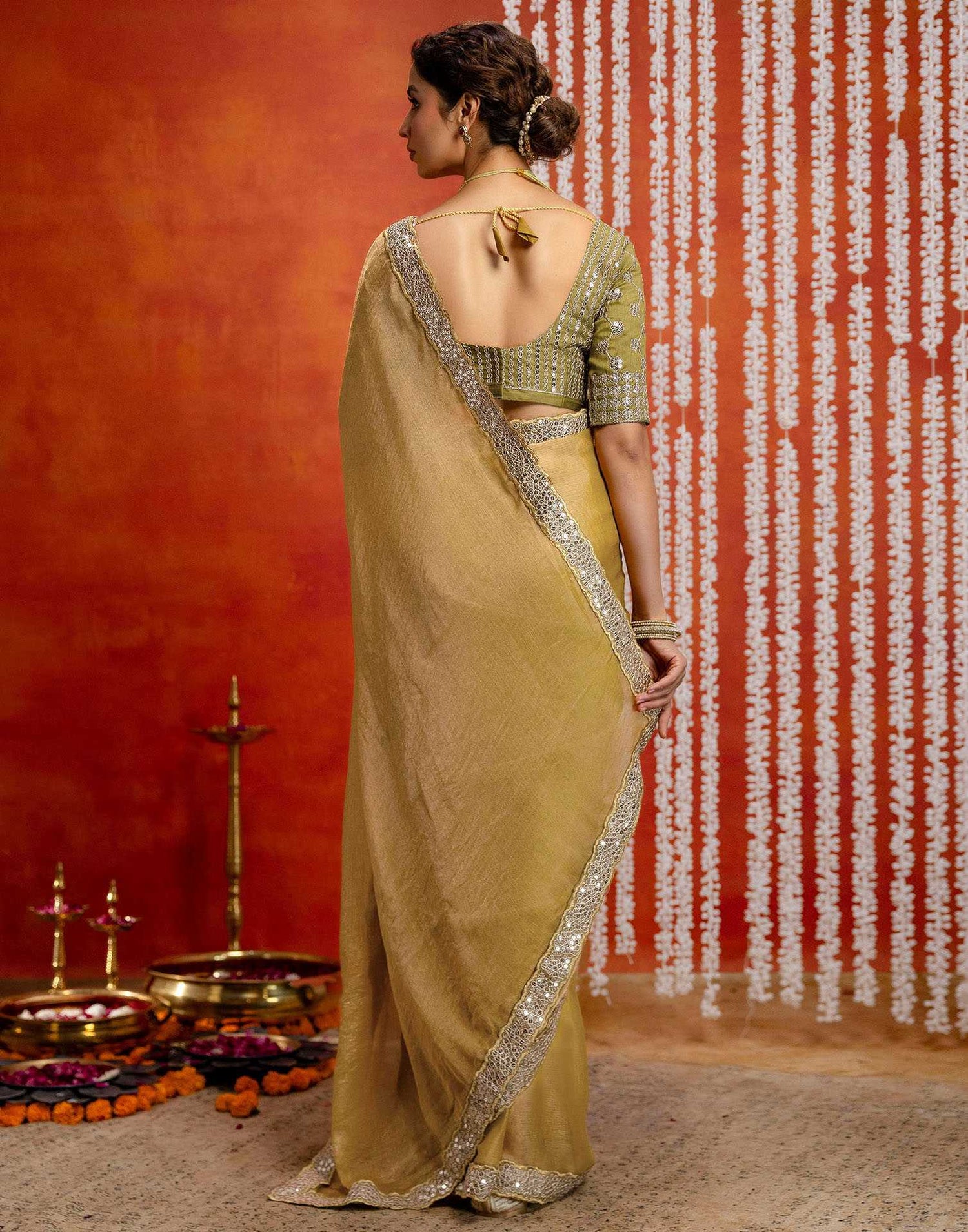 Khaki Shimmer Sequence Lace Saree