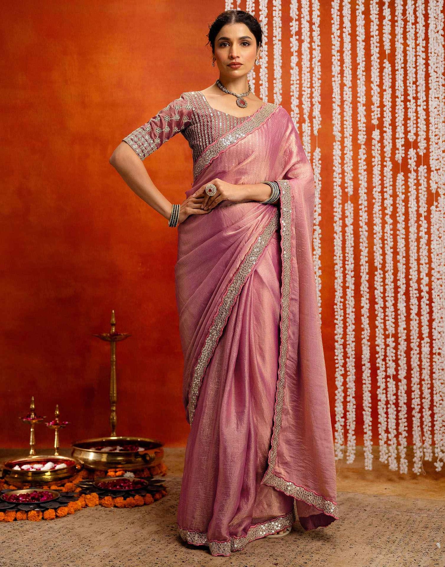 Pink Shimmer Sequence Lace Saree