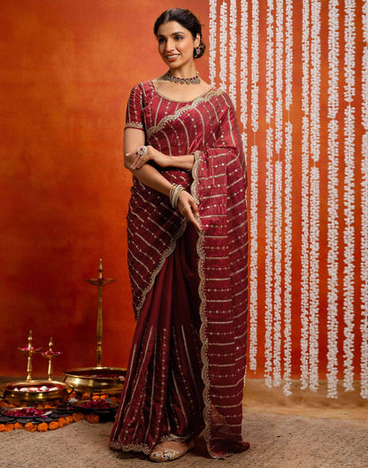 Maroon Silk Sequence Embroidery Saree