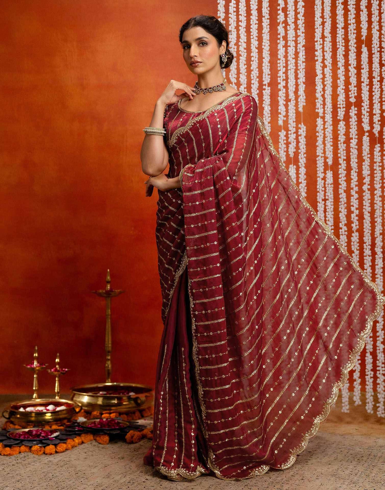 Maroon Silk Sequence Embroidery Saree