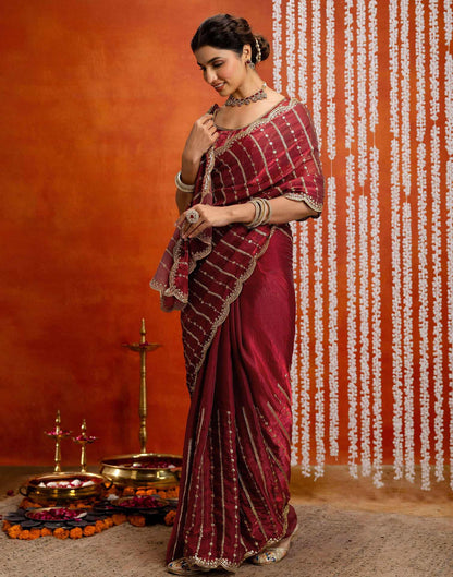 Maroon Silk Sequence Embroidery Saree