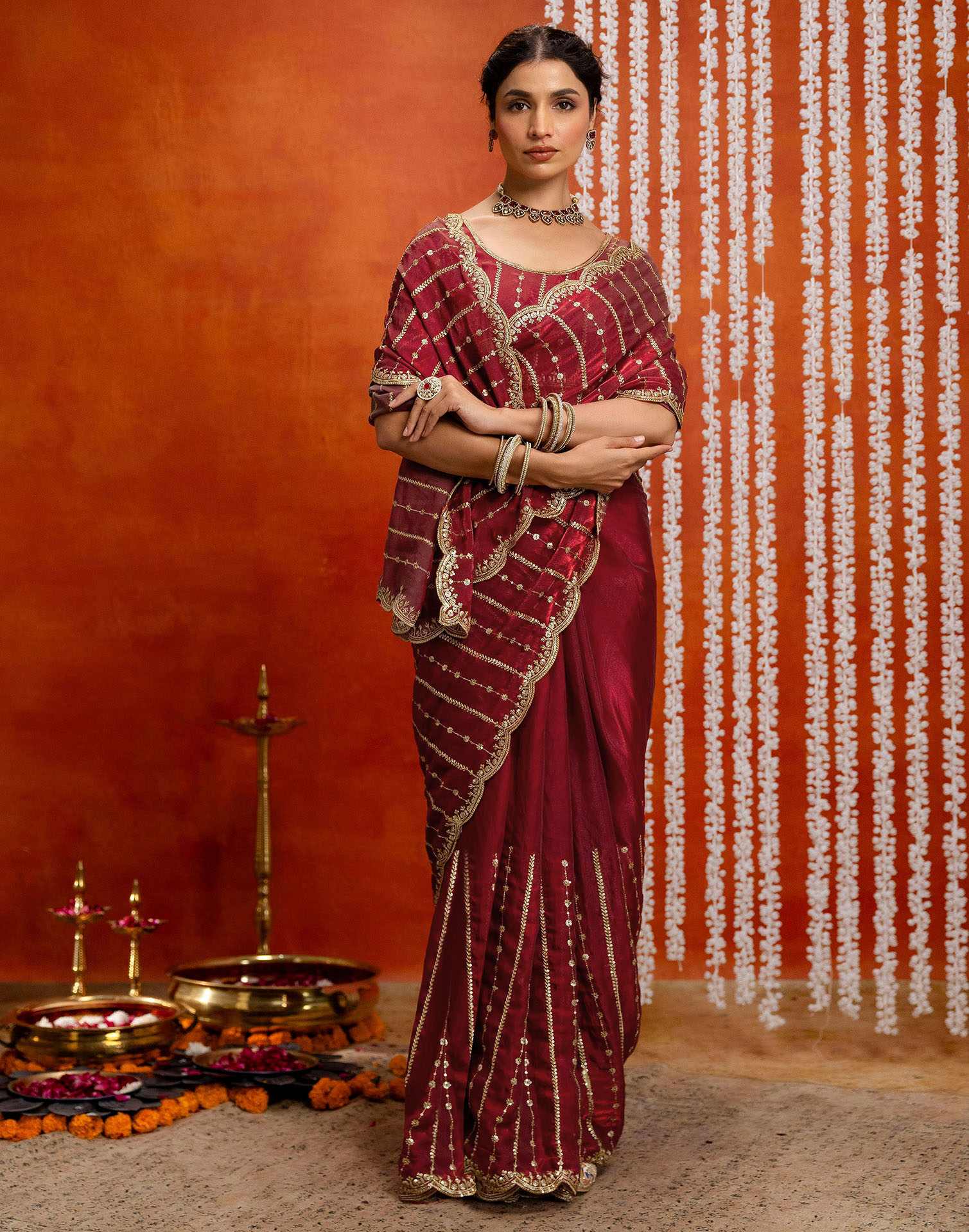Maroon Silk Sequence Embroidery Saree