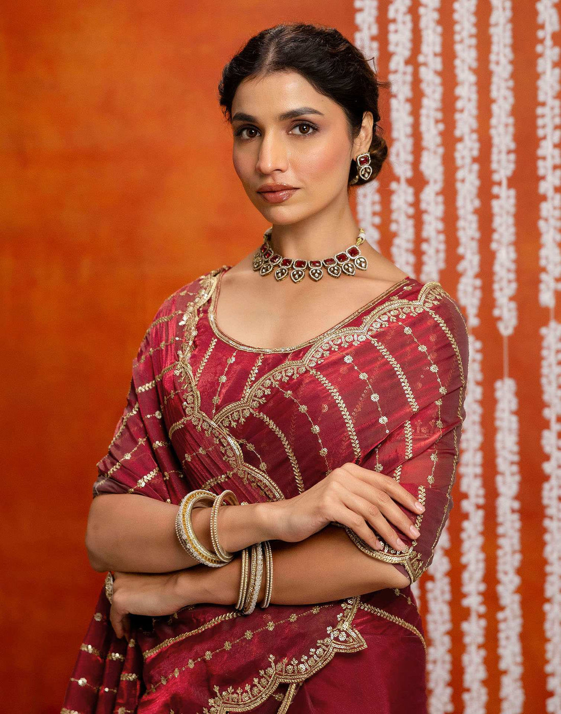 Maroon Silk Sequence Embroidery Saree