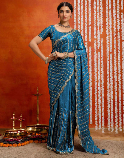 Peacock Blue Silk Sequence Embroidery Saree