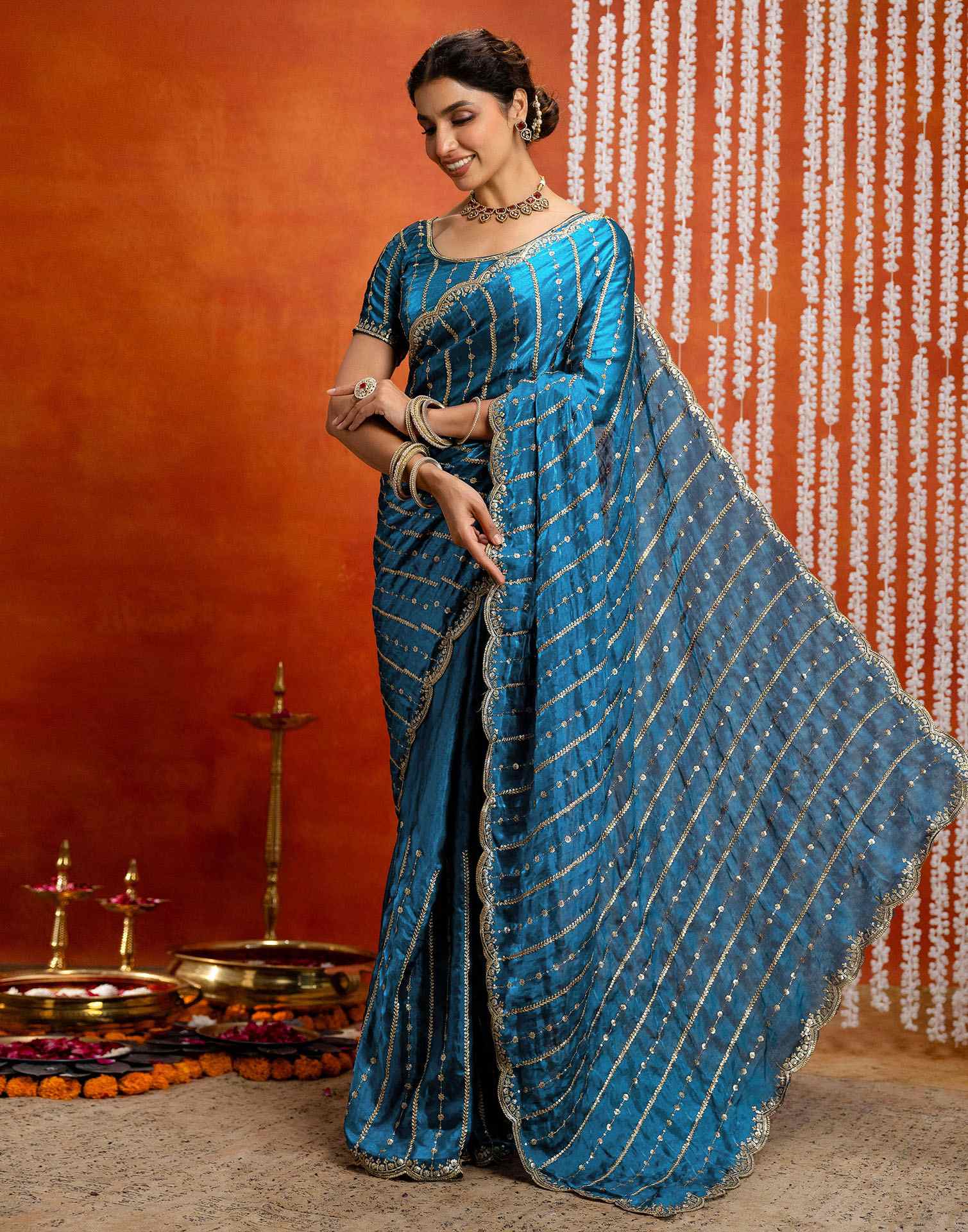 Peacock Blue Silk Sequence Embroidery Saree