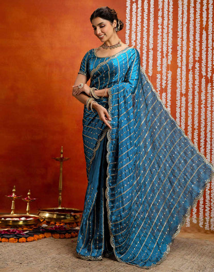 Peacock Blue Silk Sequence Embroidery Saree