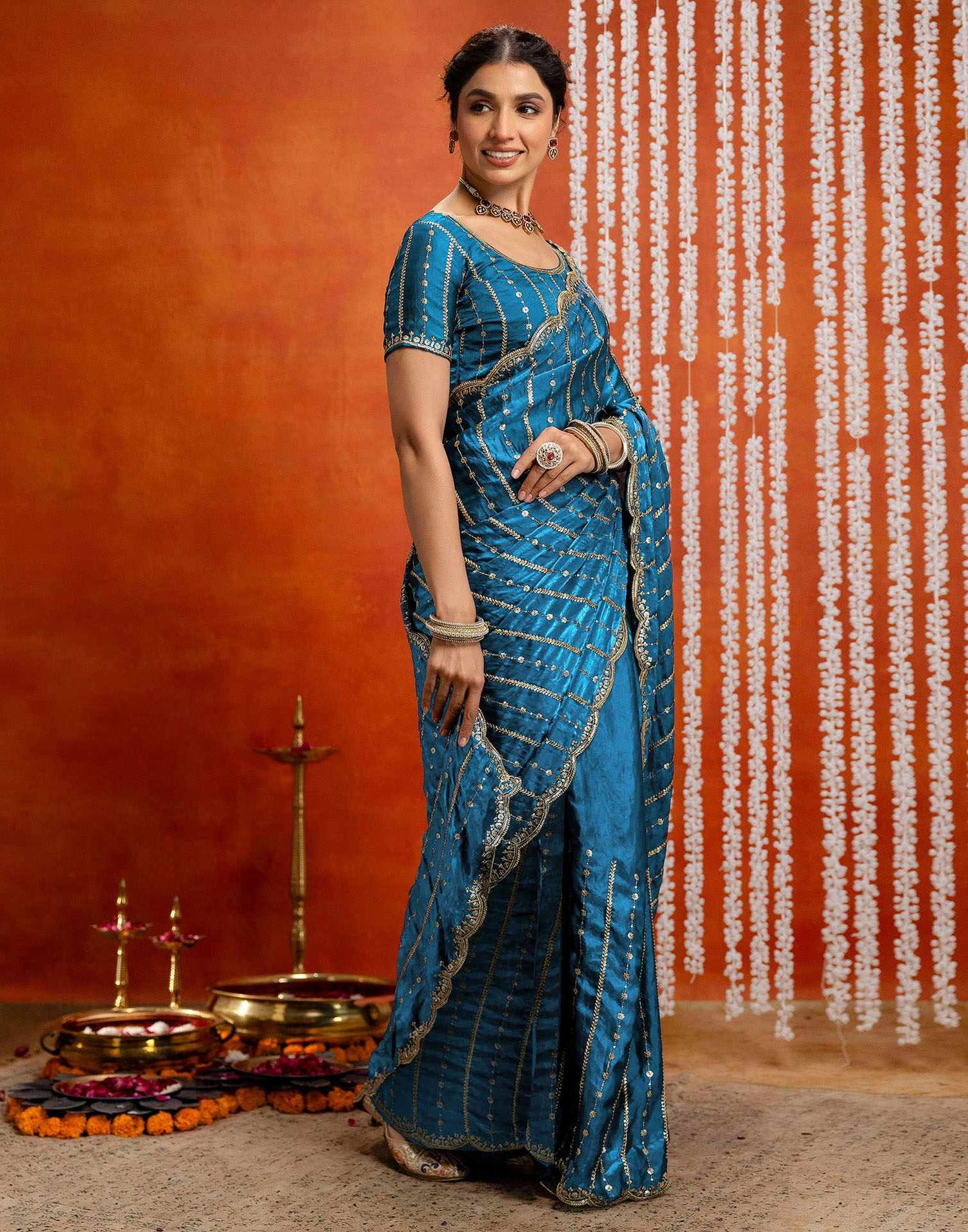 Peacock Blue Silk Sequence Embroidery Saree