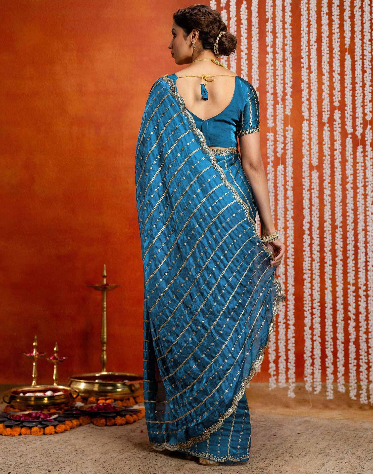 Peacock Blue Silk Sequence Embroidery Saree