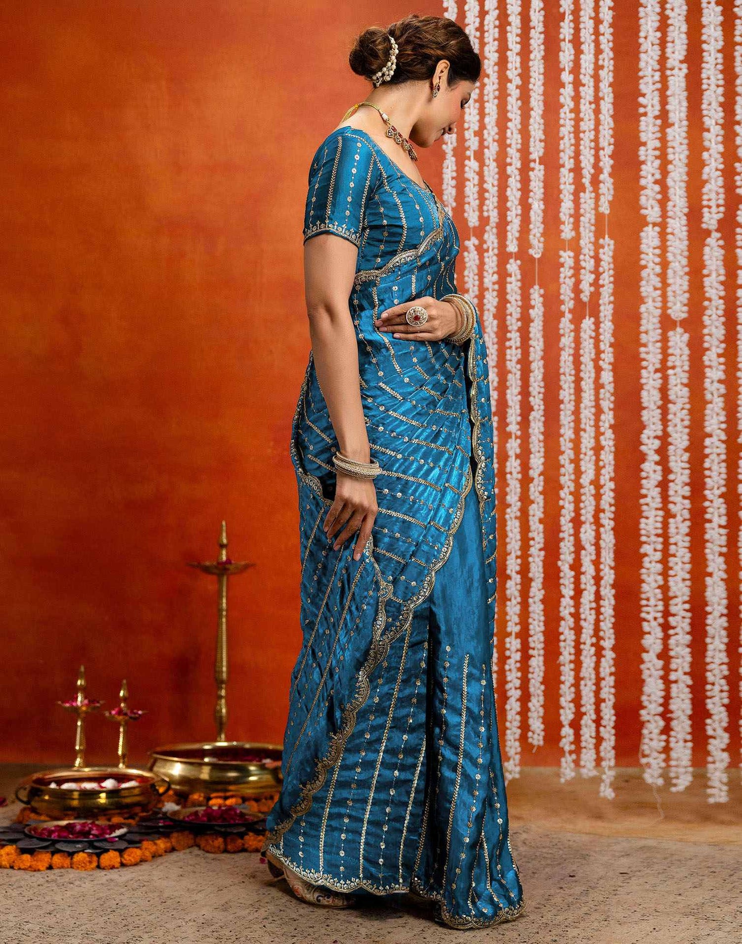 Peacock Blue Silk Sequence Embroidery Saree