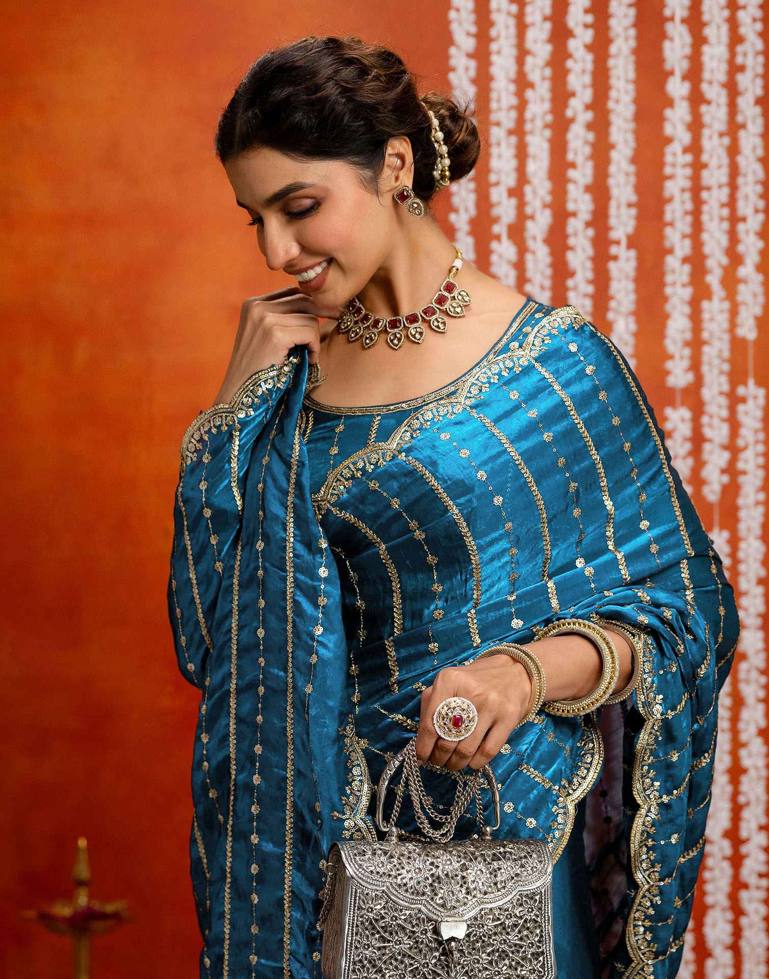 Peacock Blue Silk Sequence Embroidery Saree