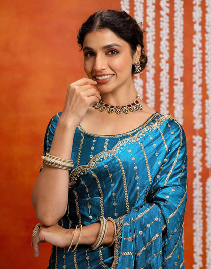 Peacock Blue Silk Sequence Embroidery Saree