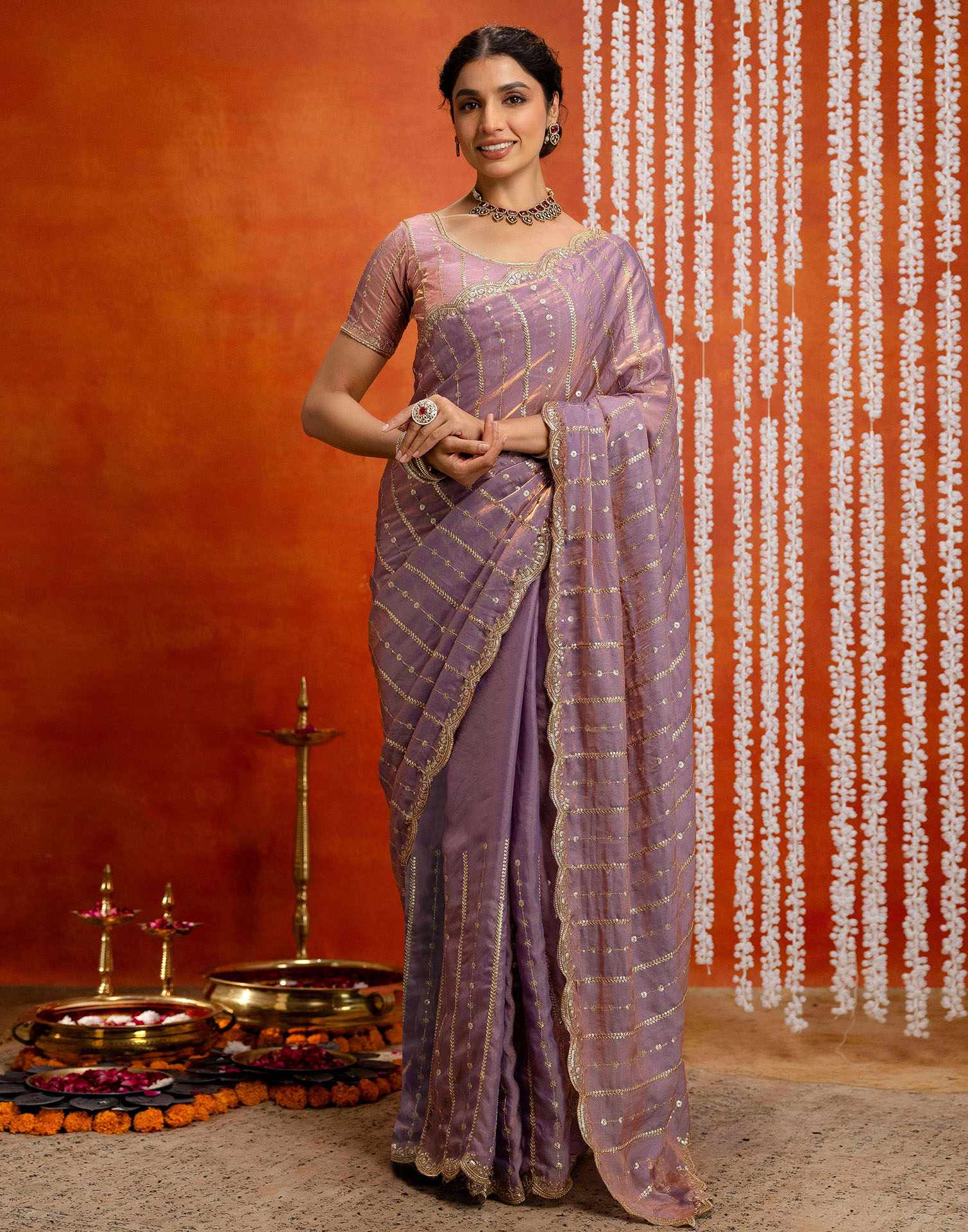 Mauve Silk Sequence Embroidery Saree