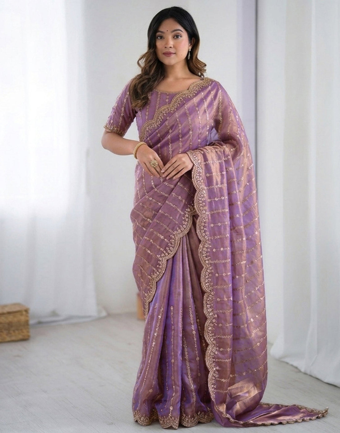Mauve Silk Sequence Embroidery Saree