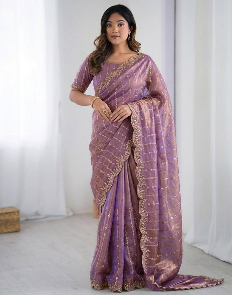 Mauve Silk Sequence Embroidery Saree