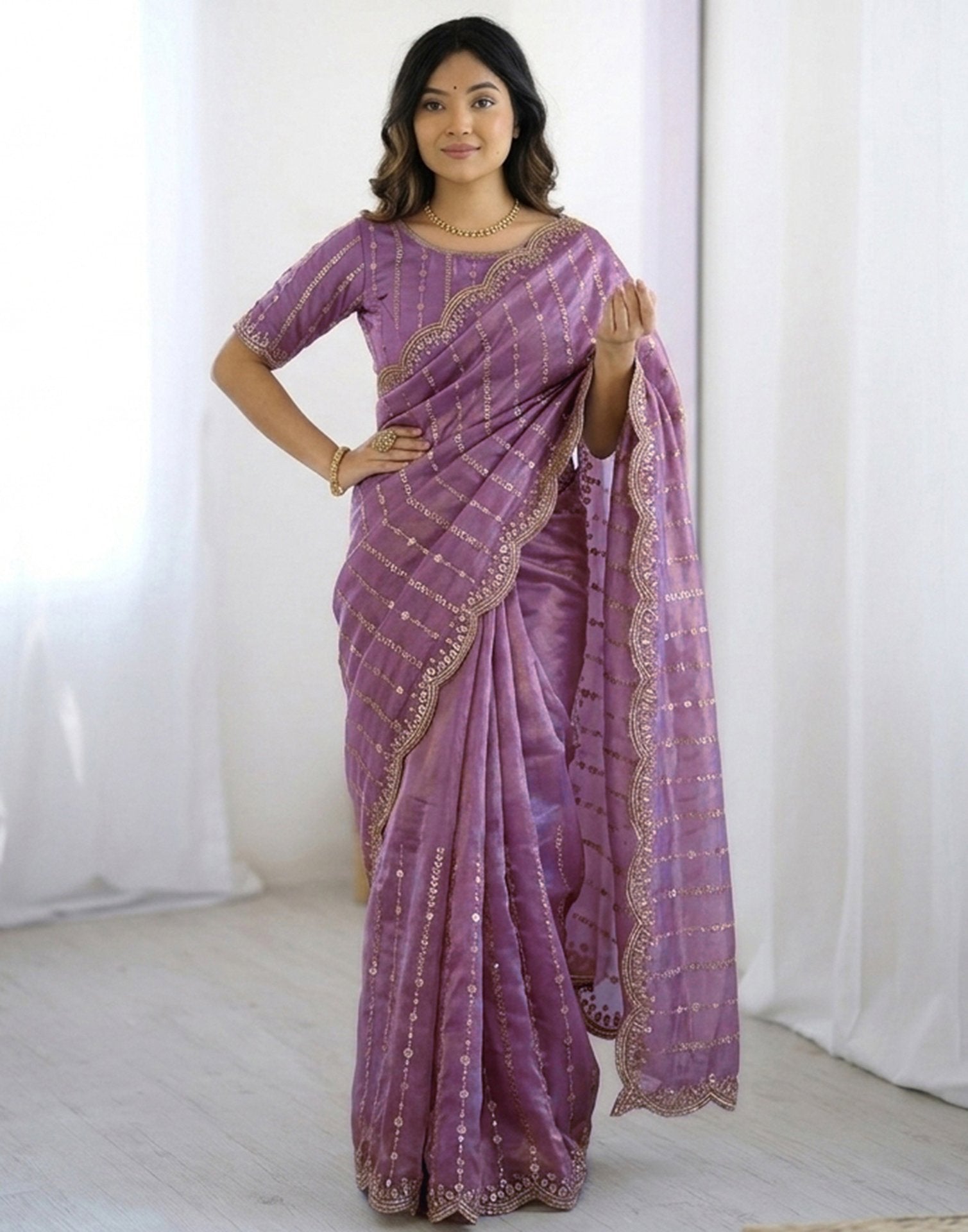 Mauve Silk Sequence Embroidery Saree