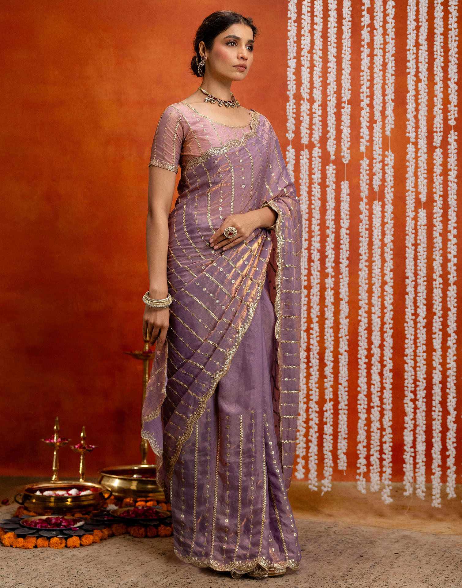 Mauve Silk Sequence Embroidery Saree