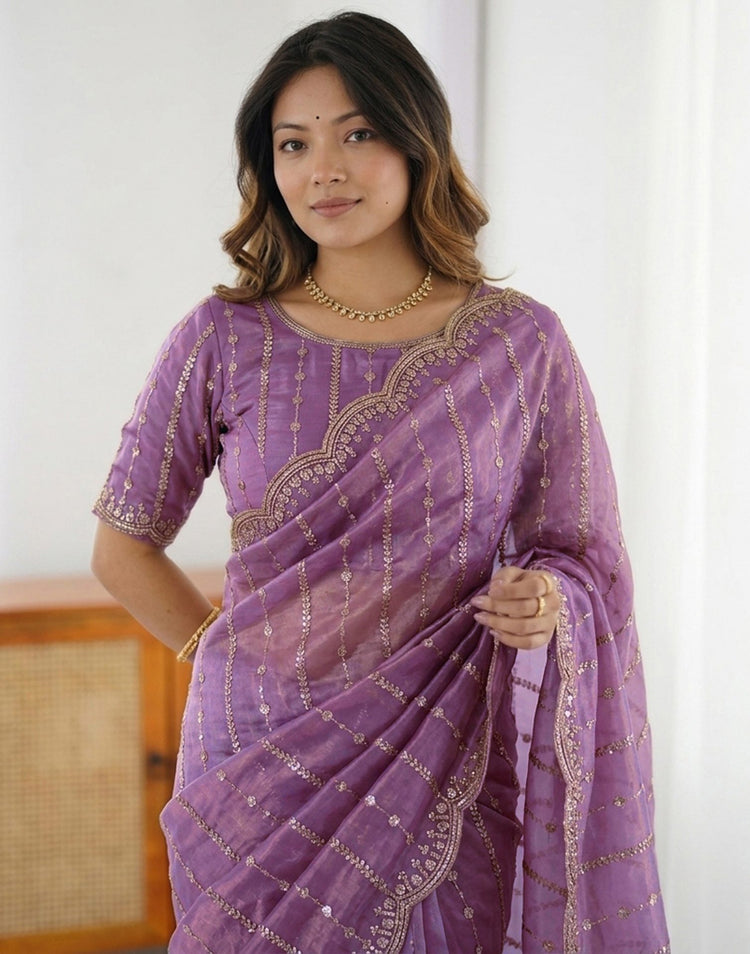Mauve Silk Sequence Embroidery Saree