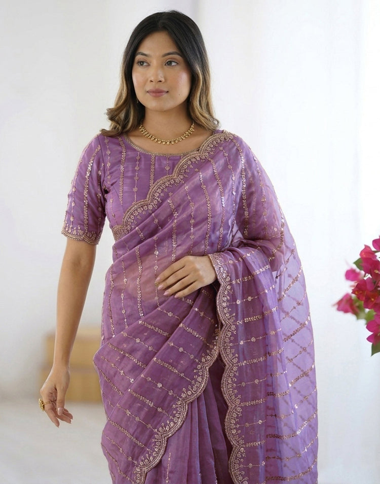 Mauve Silk Sequence Embroidery Saree