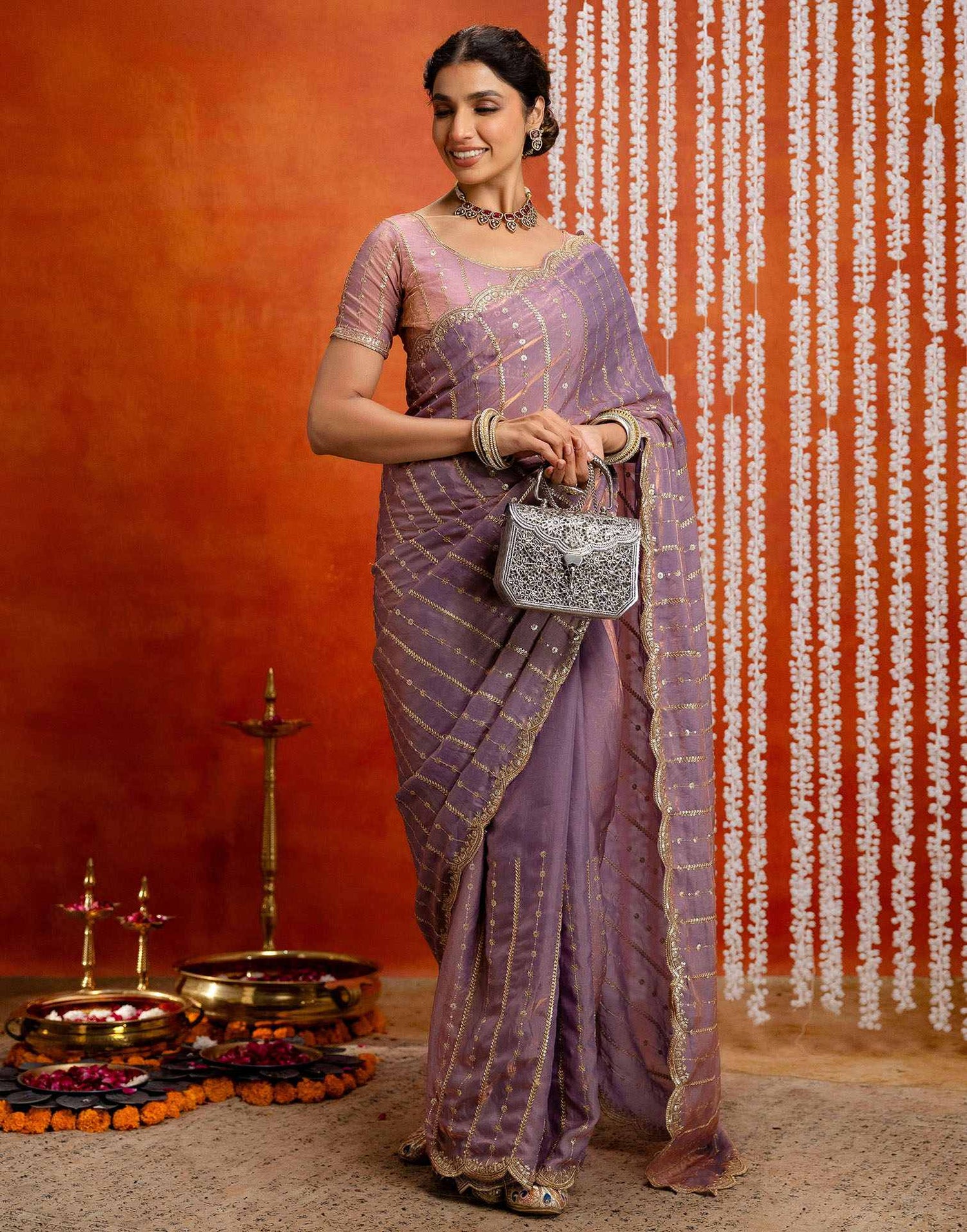 Mauve Silk Sequence Embroidery Saree