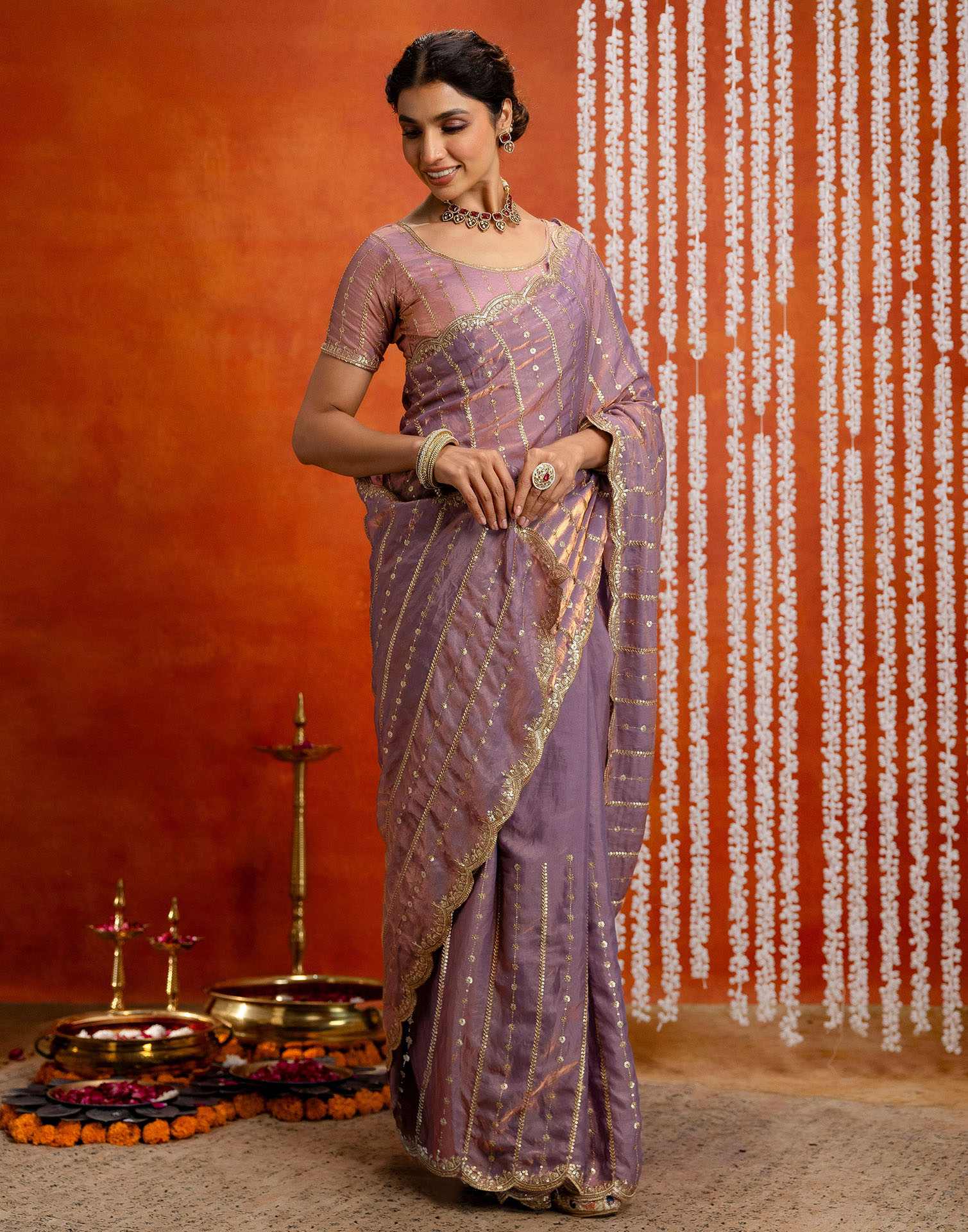 Mauve Silk Sequence Embroidery Saree