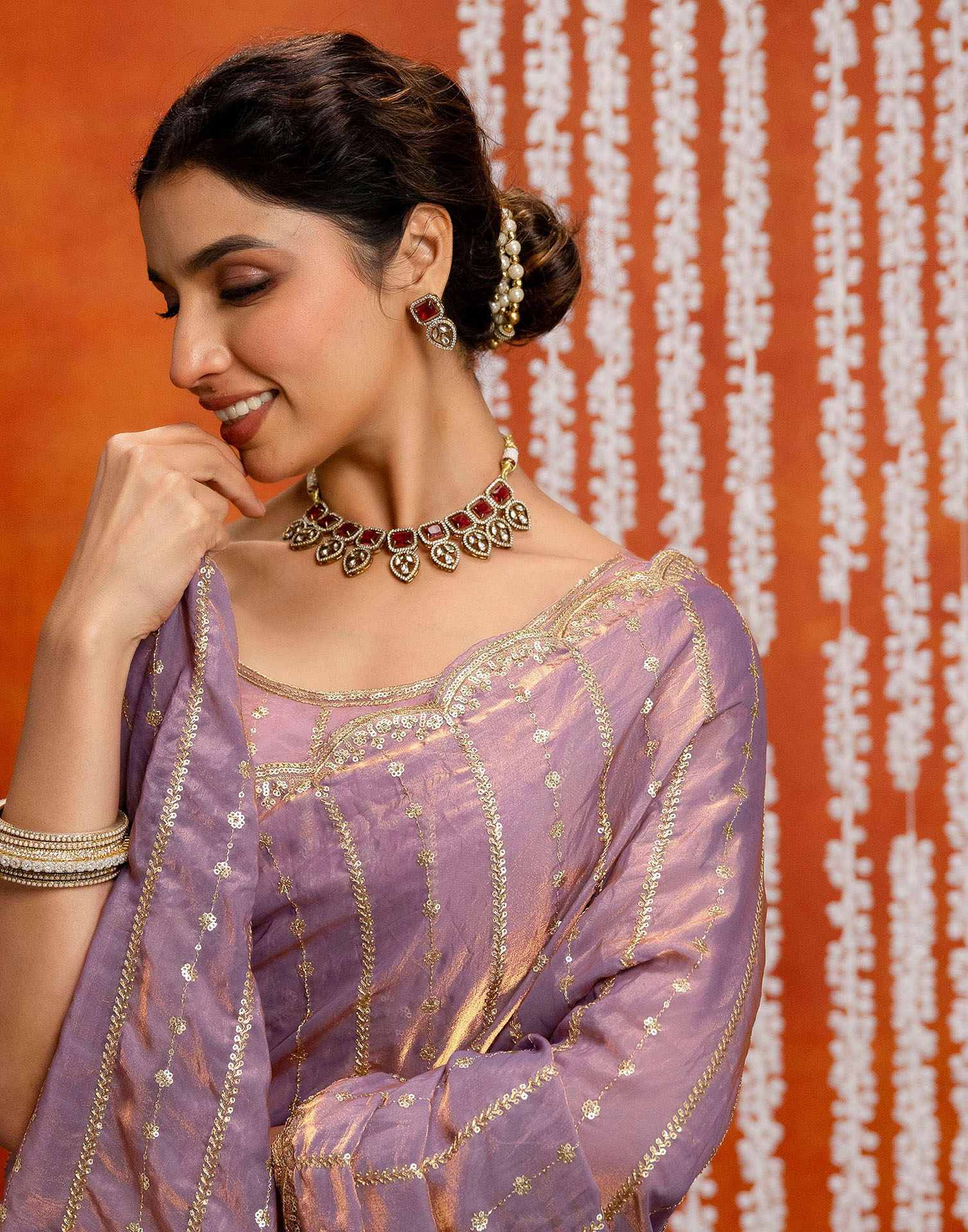 Mauve Silk Sequence Embroidery Saree