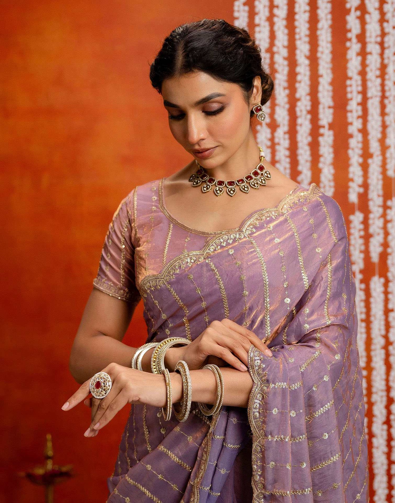 Mauve Silk Sequence Embroidery Saree