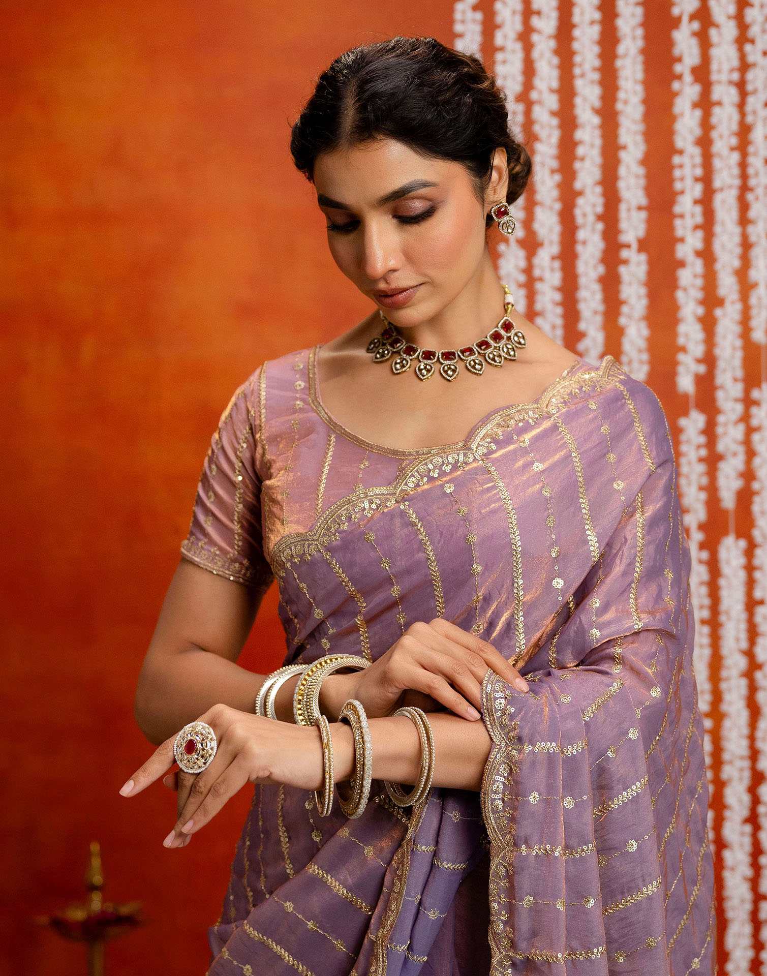 Mauve Silk Sequence Embroidery Saree