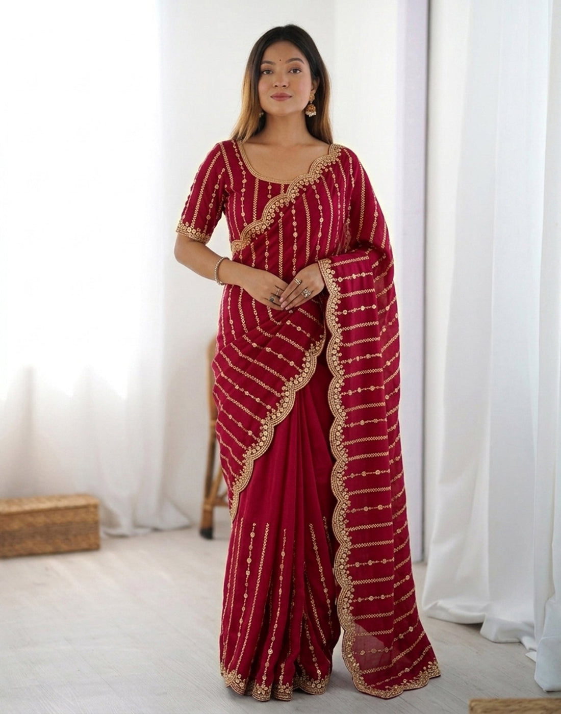 Dark Pink Silk Sequence Embroidery Saree