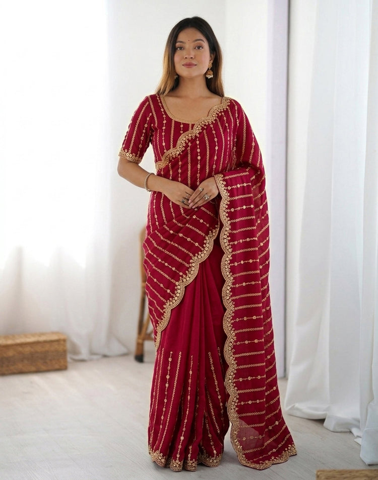 Dark Pink Silk Sequence Embroidery Saree