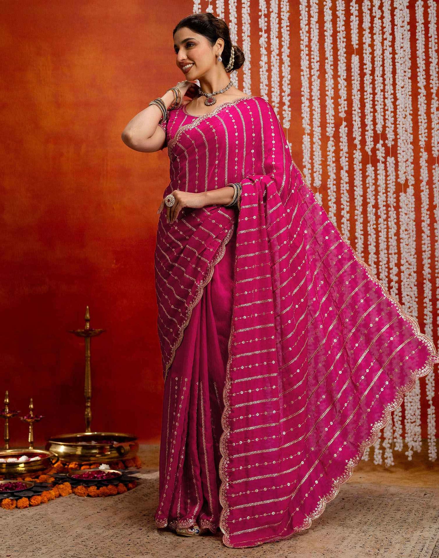 Dark Pink Silk Sequence Embroidery Saree