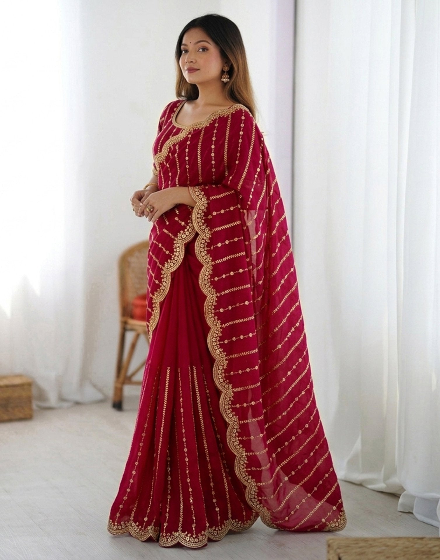 Dark Pink Silk Sequence Embroidery Saree