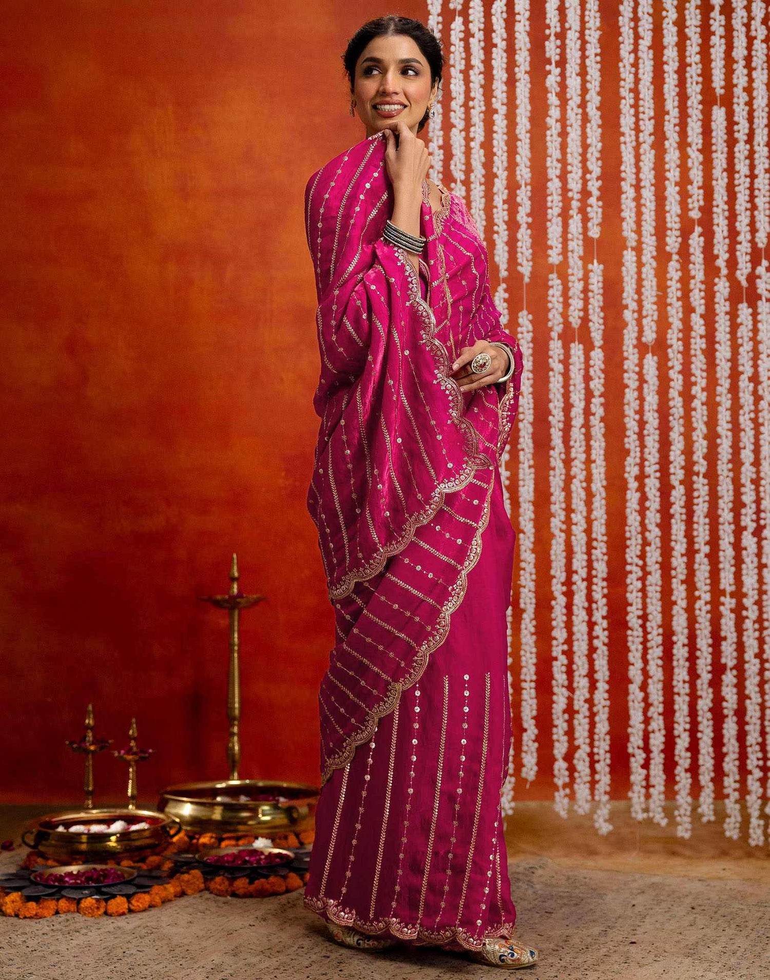 Dark Pink Silk Sequence Embroidery Saree